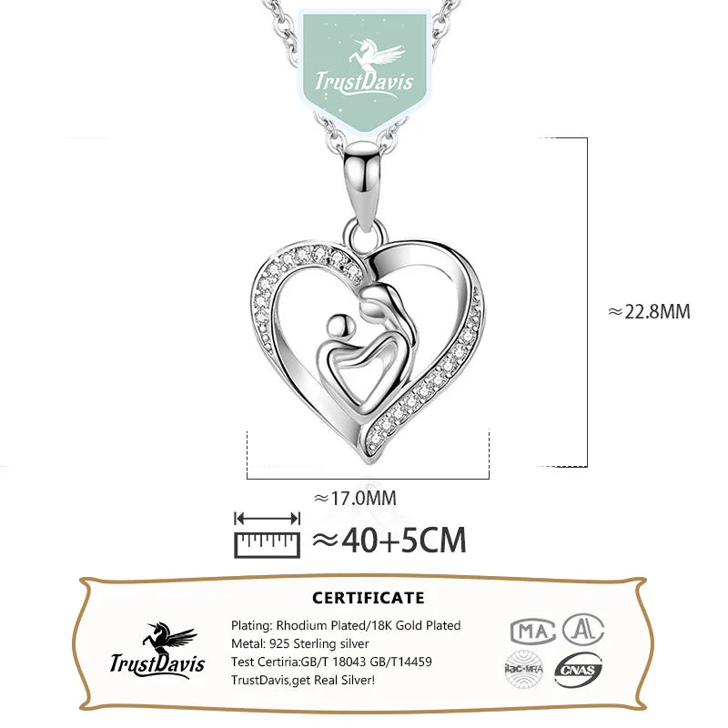 TrustDavis 925 Sterling Silver Heart-Shaped Mother and Child Hug Pendant Necklace for Mother's Day Birthday Gift Jewelry DS4191