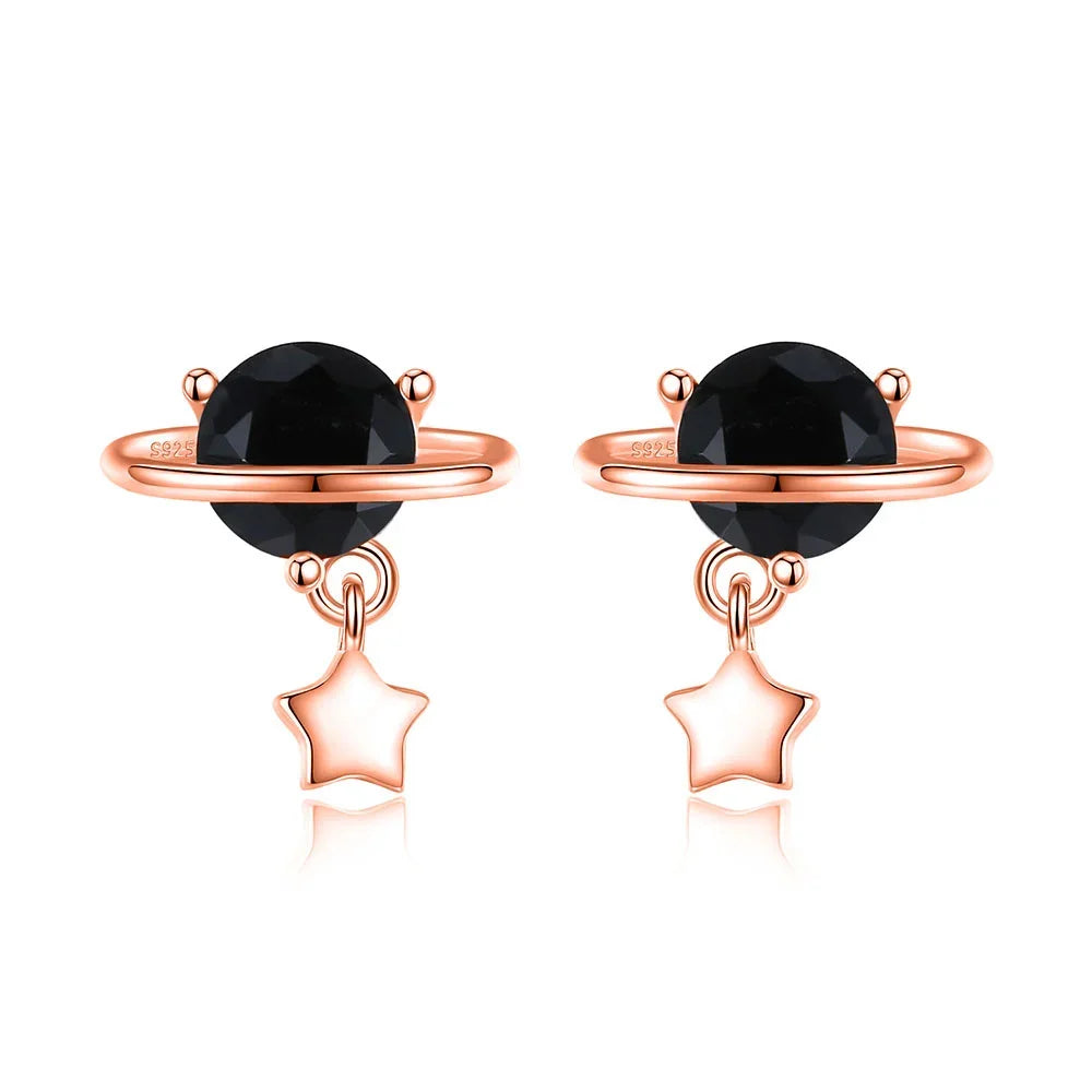 Black CZ Stone Star Planet Stud Earrings DA788