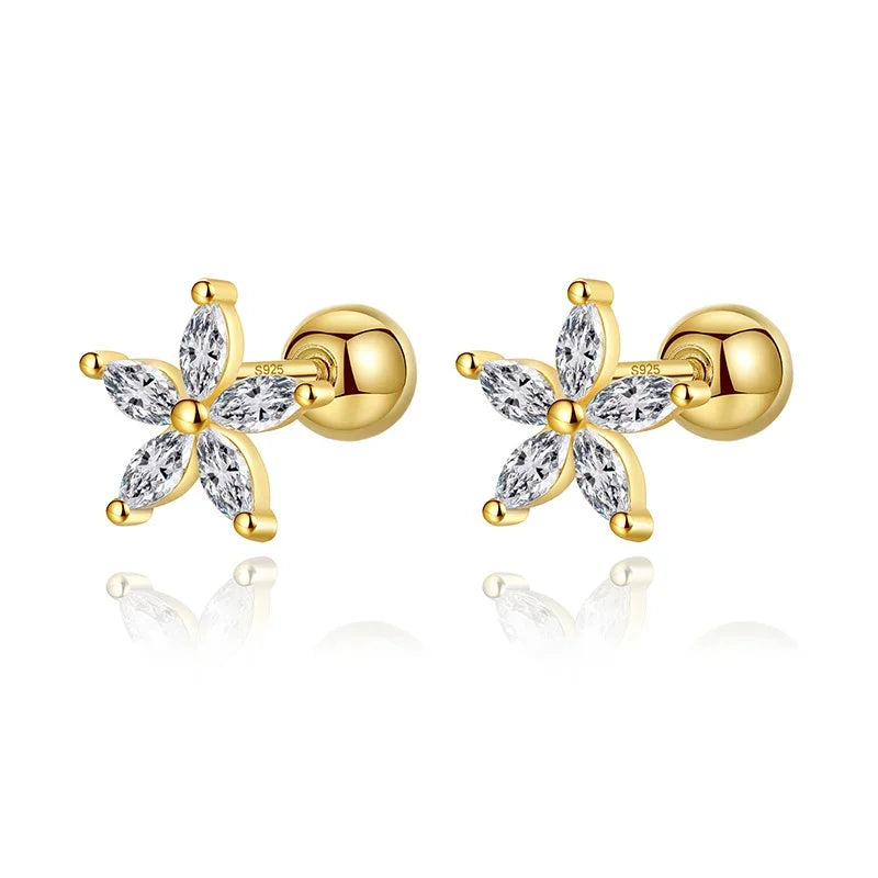 Flower Shiny CZ Bead Screw Stud Earrings For Women Wedding Fine Jewelry DA2491