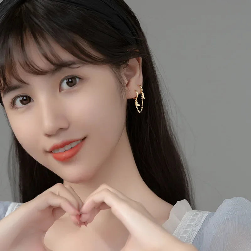 TrustDavis 1Pcs Real 925 Sterling Silver Fashion Heart Chain Double Hoop Earrings For Women Wedding Party Fine Jewelry DA2287