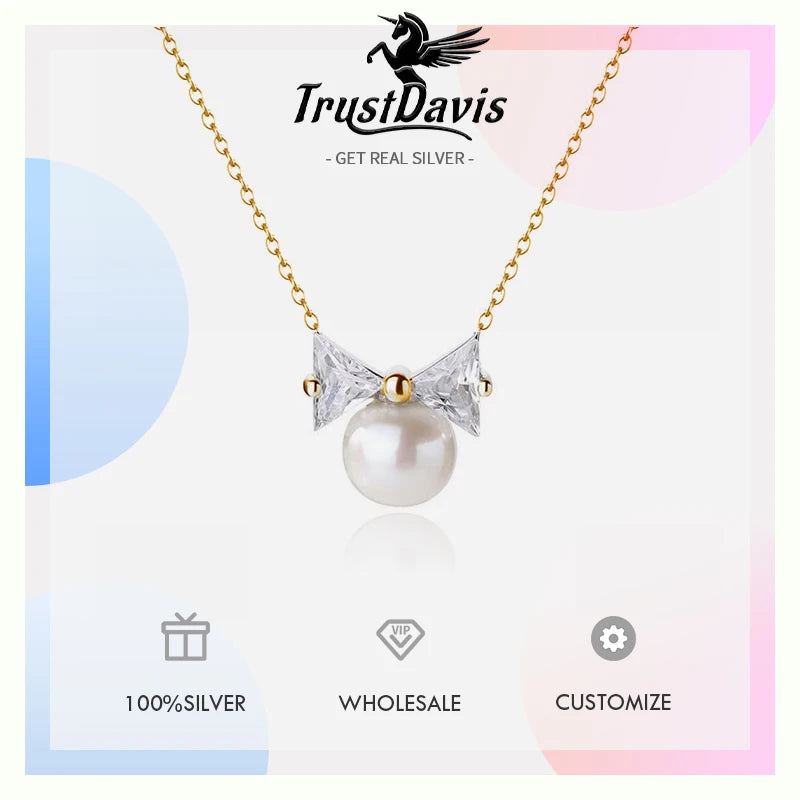 TrustDavis Real 925 Sterling Silver Fashion Charm Diamond Studded Bow Pearl Necklace for Women Wedding Party S925 Jewelry DA1636