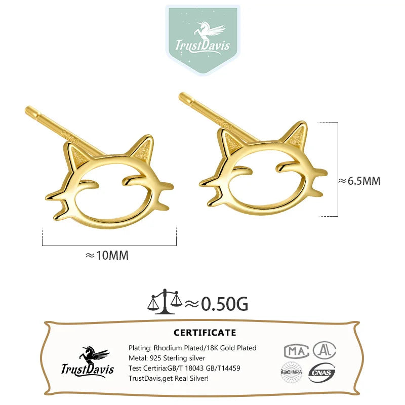TrustDavis 925 Sterling Silver Women's Fashion Simple Cute Hollow Cat Line Kitten Earrings for Women Girls Jewelry Gift DS4283