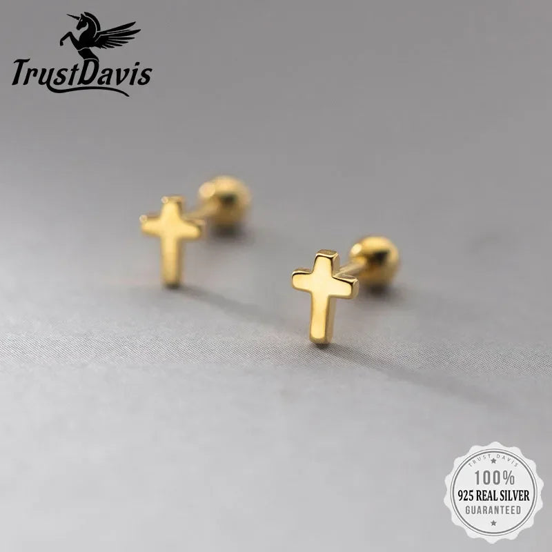 TrustDavis Real 925 Sterling Silver Mini Cross Bead Screw Stud Earrings For Daughter Girls Birthday Gift Fine Jewelry DA00297