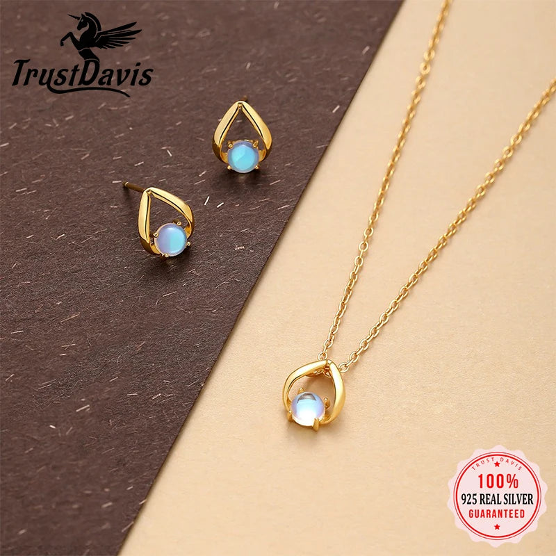 TrustDavis Real 925 Sterling Silver Women's Fashion Versatile Moonstone Irregular Necklace for Women Gril Gift Jewelry DS4219