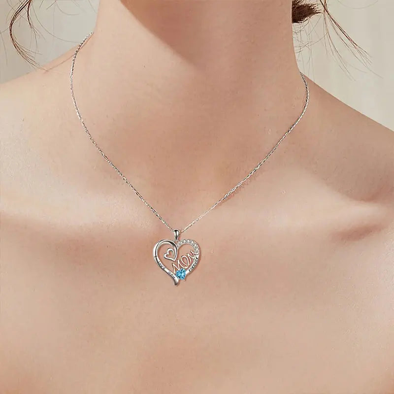 TrustDavis 925 Sterling Silver Heart-shaped Letters Mom with Diamond Necklace for Mother's Day Birthday Gift Jewelry DS4190