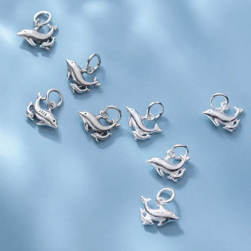 TrustDavis Real 925 Sterling Silver Fashion Sweet Double Dolphins Charm Pendant Handmade DIY Accessories Fine Jewelry DZ202