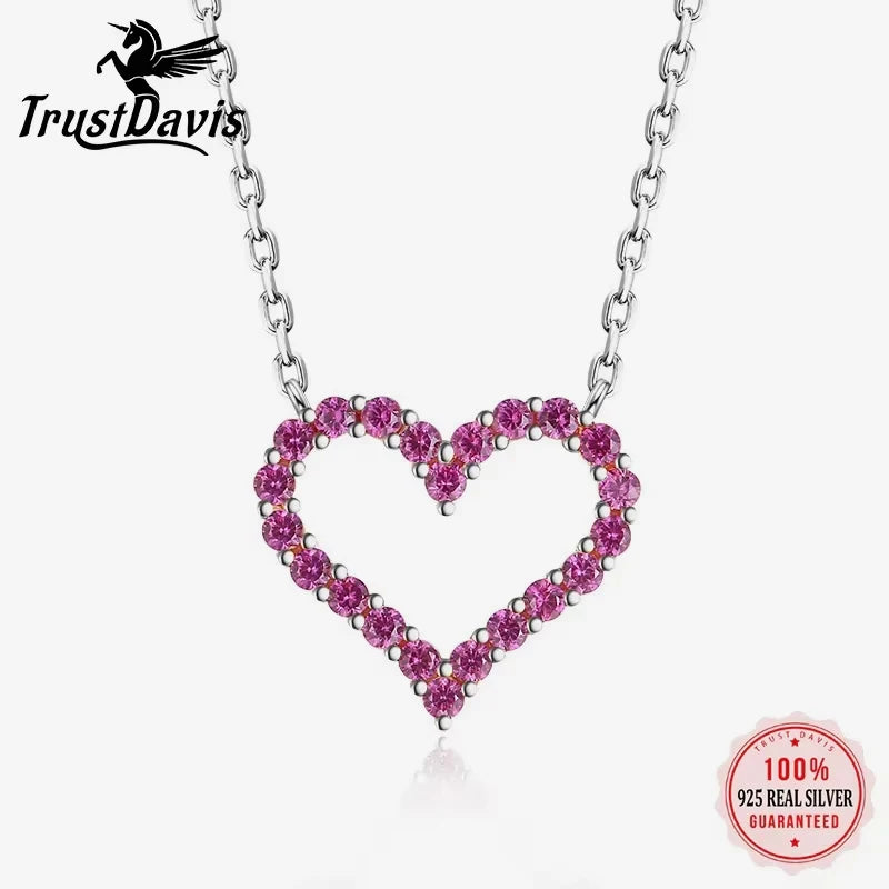 Heart Pink Twinkling CZ Pendant Necklace for Women Silver 925 Jewelry DA858