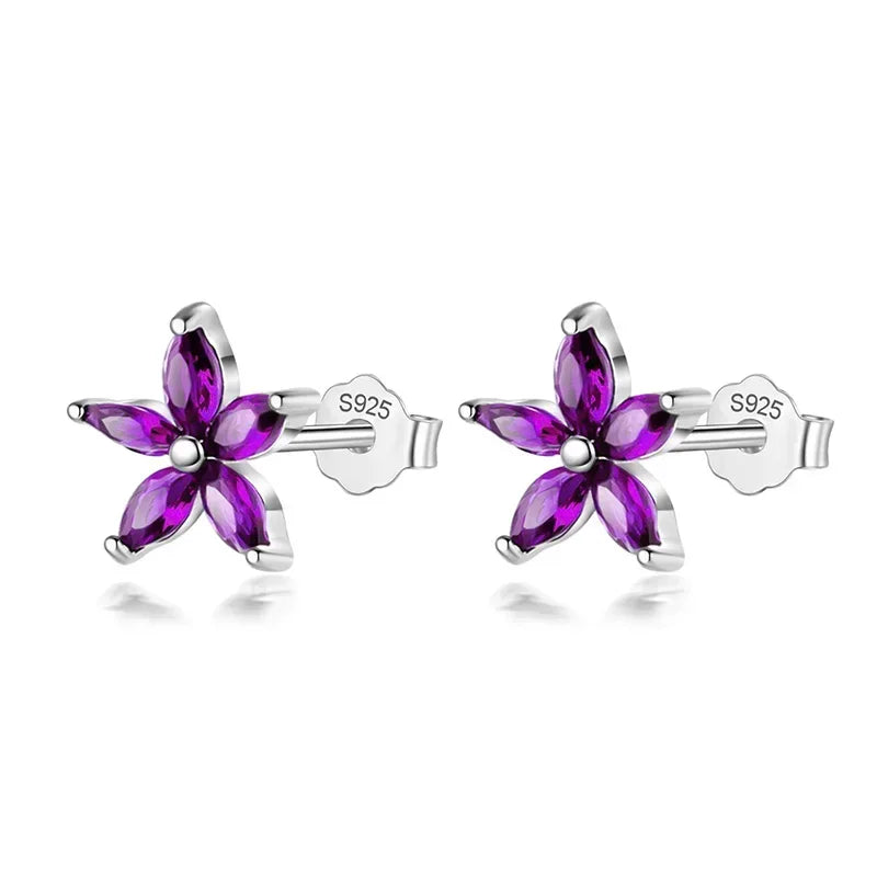 TrustDavis Original Sterling Silver Blue Green Purple CZ Flower Stud Earrings For Women Daughter Girls Fine S925 Jewelry DS4147