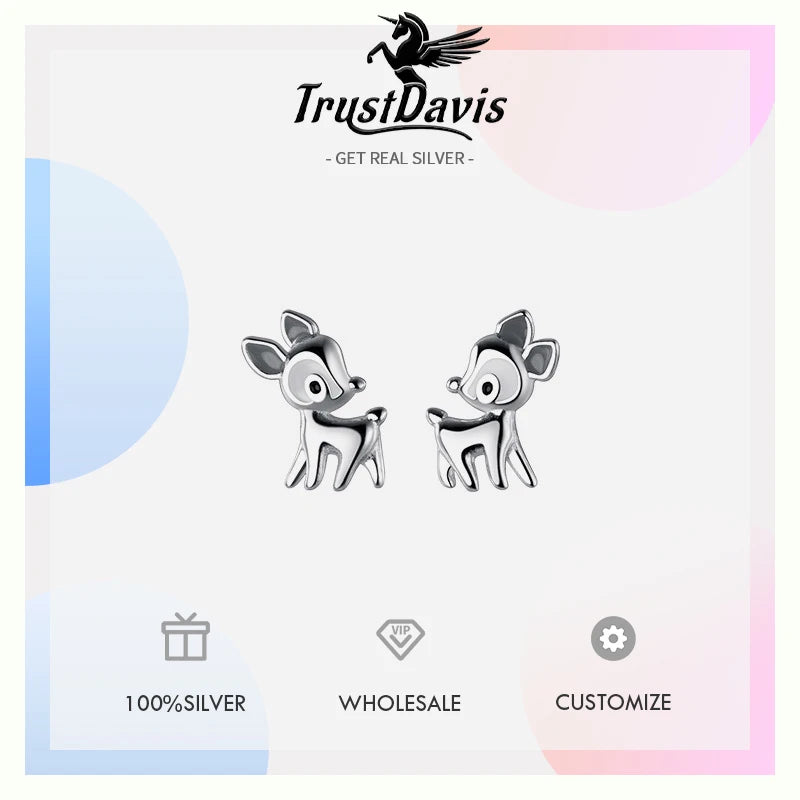 TrustDavis Real 925 Sterling Silver Fashion Sweet Christmas Elk Stud Earrings for Women Jewelry DB157