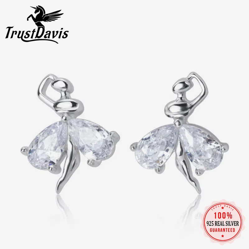 TrustDavis Original 925 Sterling Silver Ballet Dancer CZ Stud Earrings For Women Wedding Party Valentine's Day Jewelry DA2798