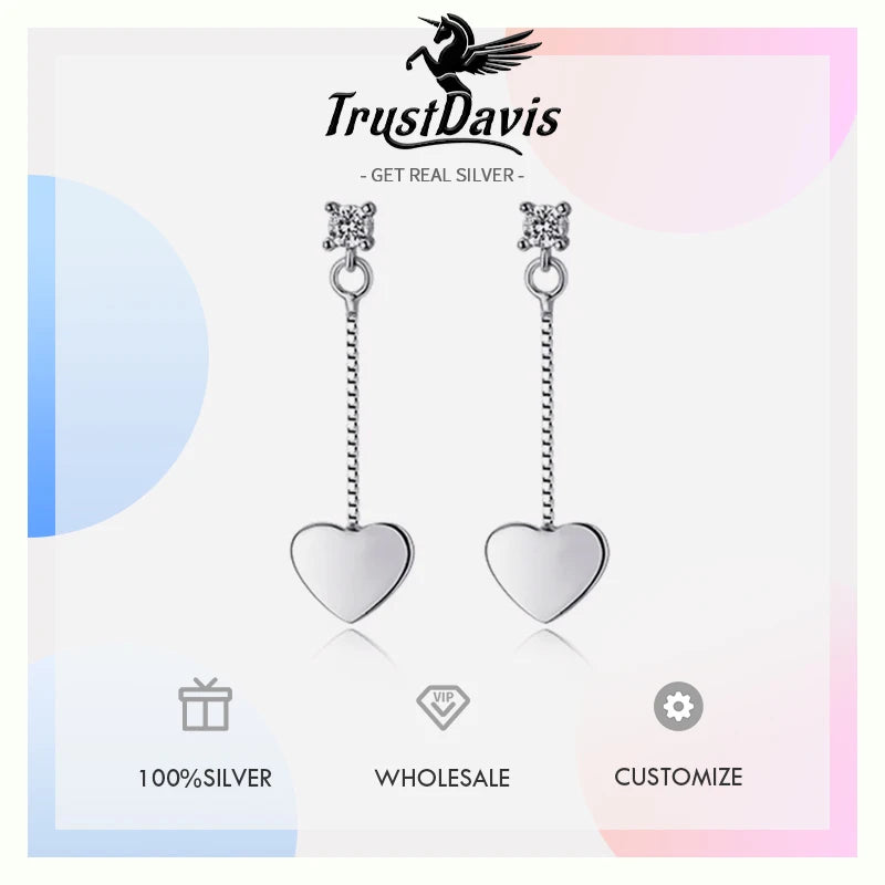 TrustDavis Real 925 Sterling Silver Earring Fashion Tassel Heart White CZ Stud Earrings For Women Mother's Day Jewelry DS1315