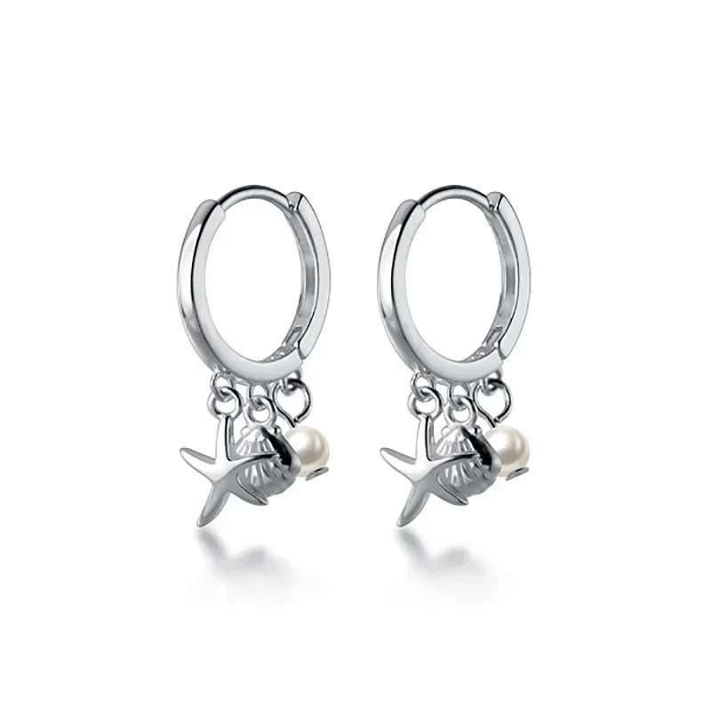 TrustDavis 100% 925 Real Sterling Silver Seastar Pearl Hoop Earrings Jewerly Gift For School Girls Daughter's Gift DS524