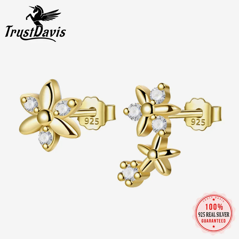 Trustdavis Real 925 Sterling Silver Asymmetrical Flowers Stud Earrings Women Girls Daughter Birthday Party Gift Jewelry DS4426