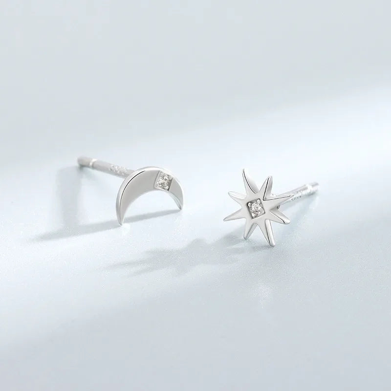 TrustDavis Real 925 Sterling Silver Moon Star Zircon Stud Earrings Women Mum Daughter Birthday Party Gift Jewelry DS4415