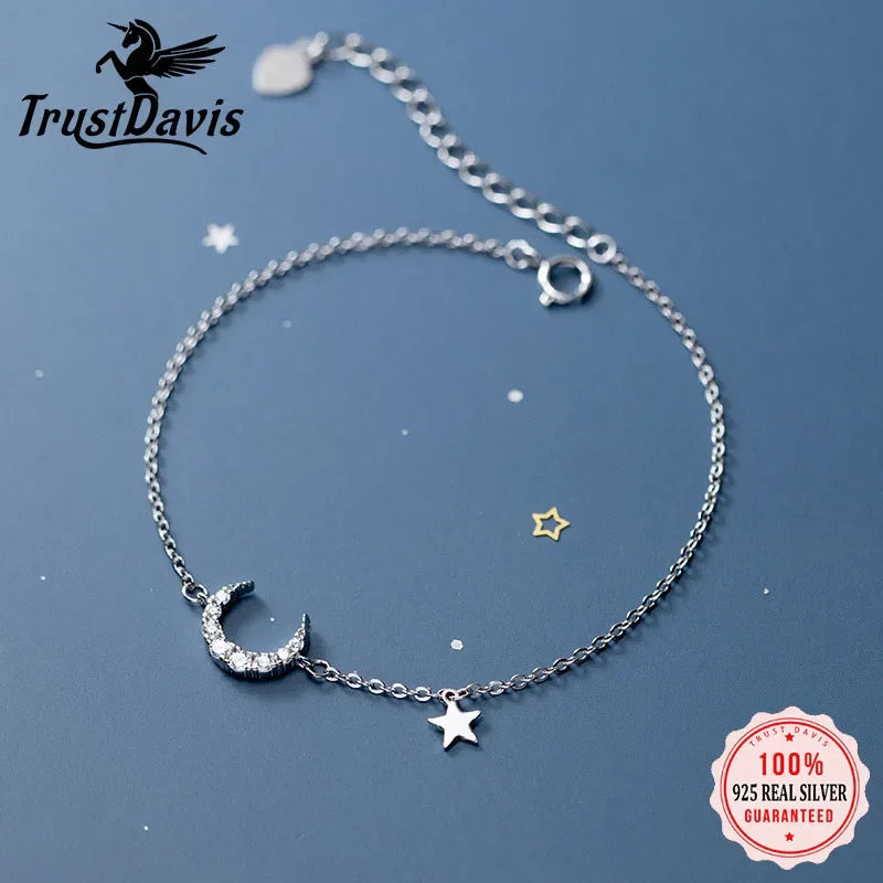 Trustdavis Genuine 925 Sterling Silver Fashion Sweet Moon CZ Star Bracelet For Women Wedding Valentine's Day Jewelry Gift DB1166