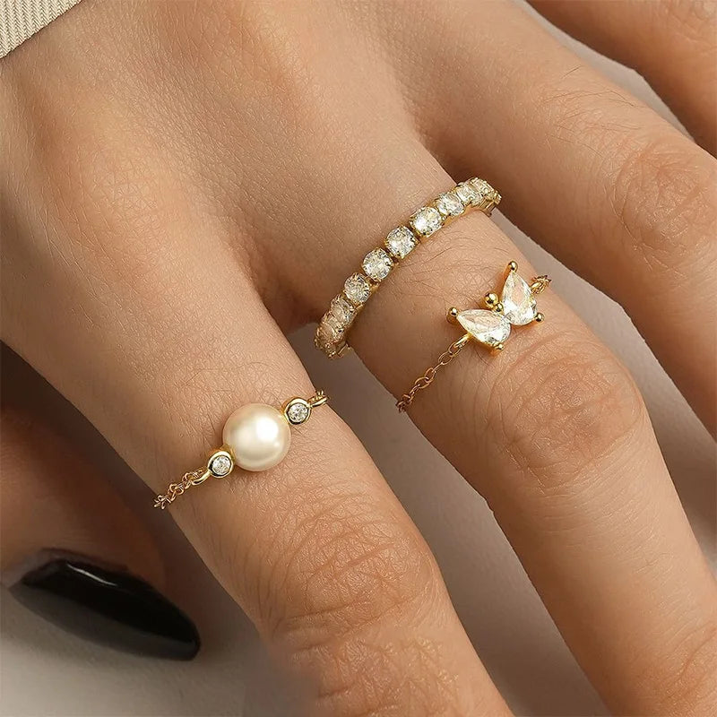 TrustDavis 925 Sterling Silver Women's Butterfly/Cross/Pearl Zircon Chain Adjustable Ring for Women Girls Jewelry Gift DS4330