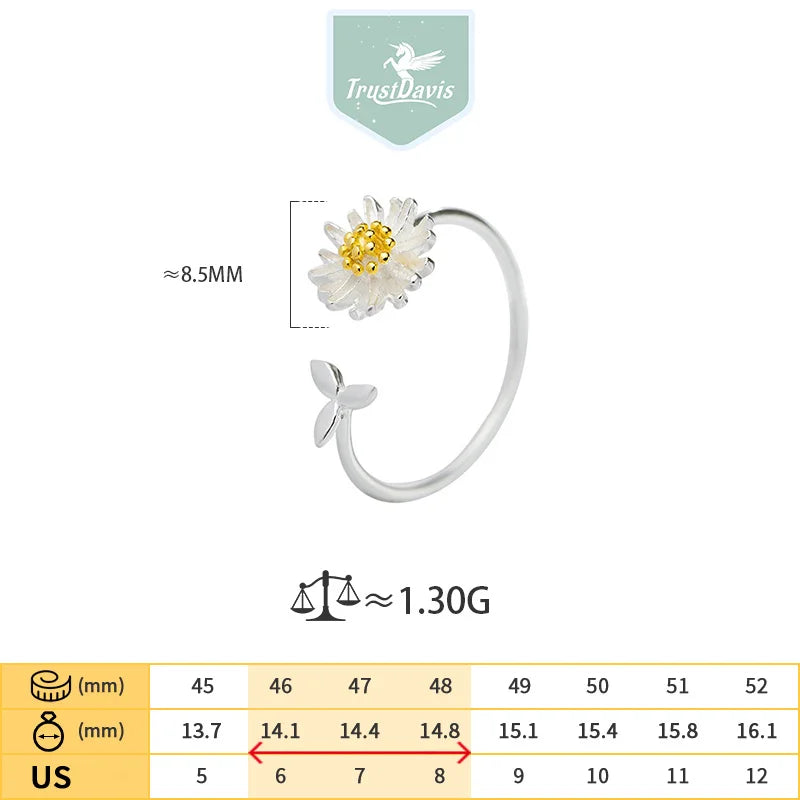 TrustDavis 925 Sterling Silver Women's Fashion Open Daisy Ring Sunflower Adjustable Ring for Women Grils Gift Jewelry DS4470