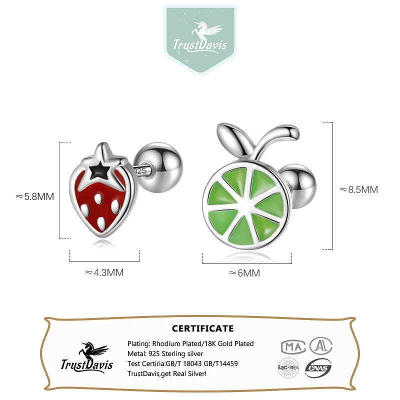 TrustDavis Girls 925 Sterling Silver Fruit Strawberry Lemon Bead Screw Stud Earrings for Women Girls Birthday Jewelry DS4149