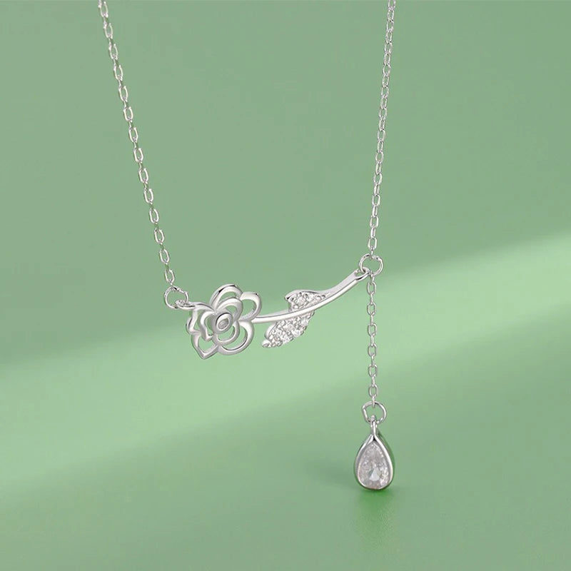 TrustDavis 925 Sterling Silver Women's Fashion Simple Rose Zircon Tassel Necklace for Women Girls Jewelry Gift DS4275