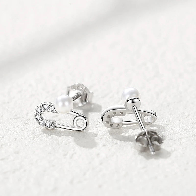TrustDavis 925 Sterling Silver Women's Fashion Simple Pearl Paper Clip Stud Earrings for Women Girls Jewelry Gift DS4296