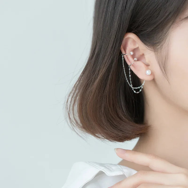 Double Layer Chain pearl Ear Line Cuff Clip on Earrings DA1215