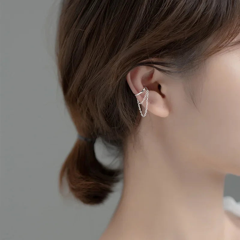 Trustdavis Real 925 Sterling Silver Double Chain Clip On Earrings Ear Cuff For Women Without Piercing Earring Jewelry DA1700