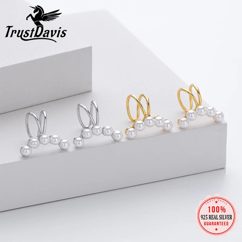 TrustDavis Real 925 Sterling Silver Women's Fashion Simple Pearl Clip Earrings for Women Girls Birthday Gift Fine Jewelry DS4665