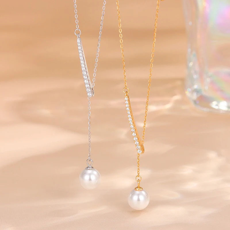TrustDavis 925 Sterling Silver Women's Fashion and Simple Y-Shaped Pearl Adjustable Necklace for Women Girls Jewelry Gift DS4265