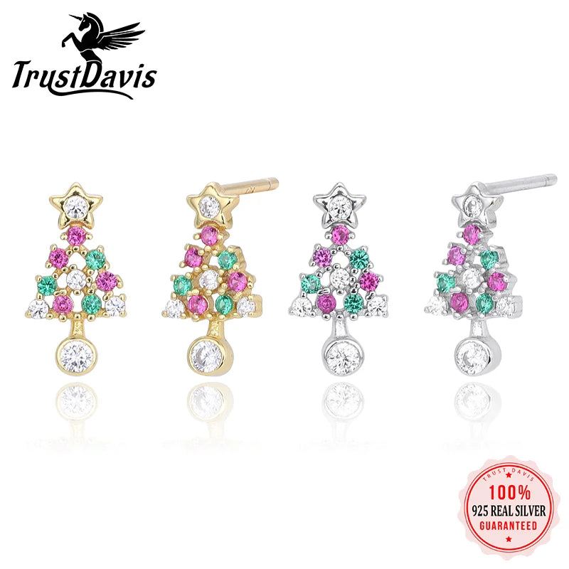 TrustDavis 925 Sterling Silver Women's Fashion Simple Star Christmas Tree Earrings for Women Girls Christmas Jewelry Gift DS4691