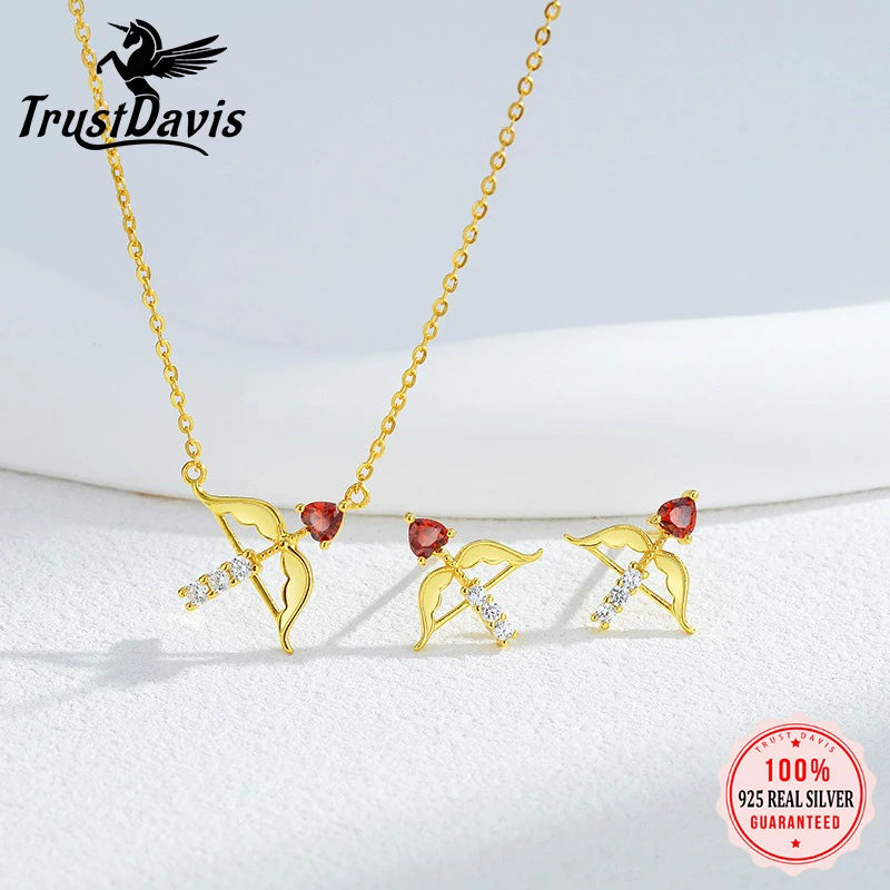 TrustDavis Real 925 Sterling Silver Fashion Bow Arrow Zircon Heart Earrings Necklace Set for Women Girl Gift Fine Jewelry DS4682