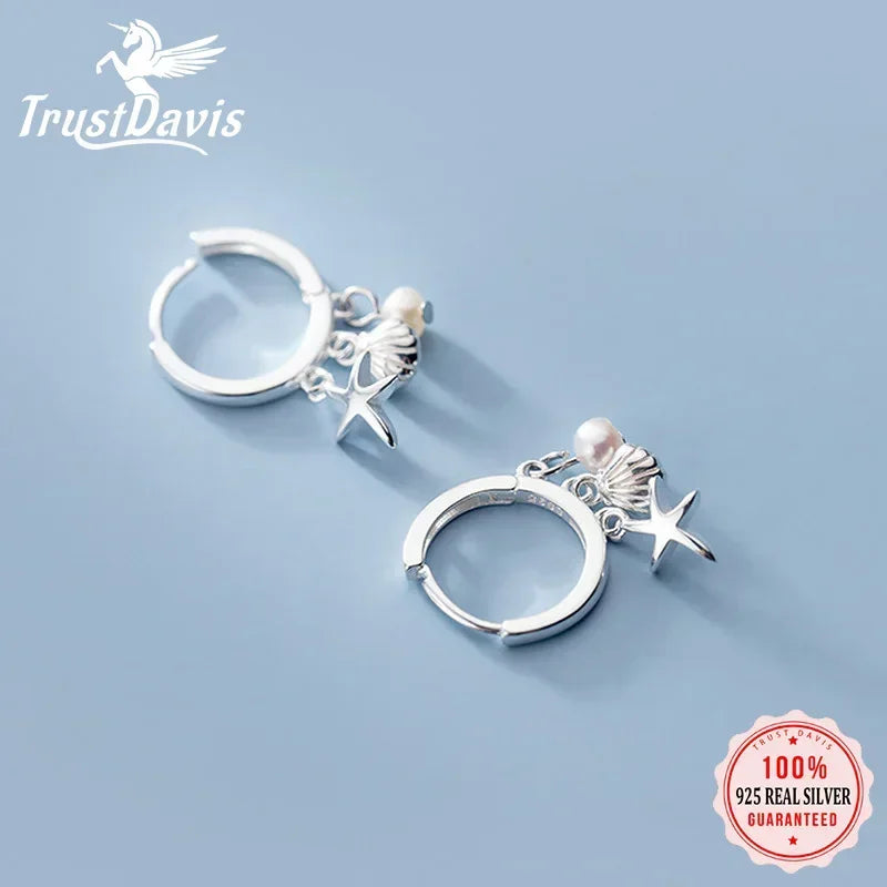 TrustDavis 100% 925 Real Sterling Silver Seastar Pearl Hoop Earrings Jewerly Gift For School Girls Daughter's Gift DS524