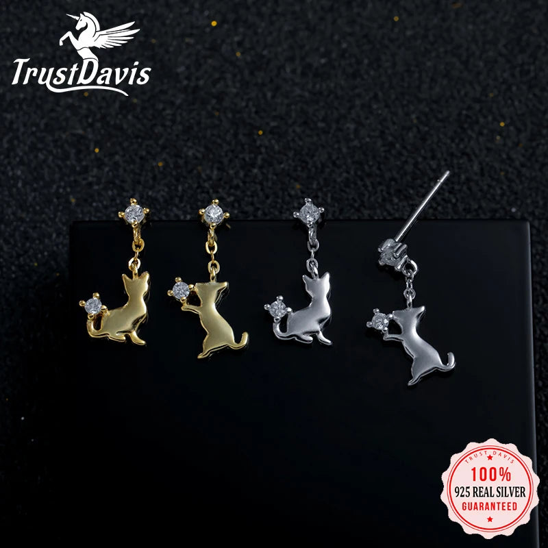 TrustDavis 100% 925 Sterling Silver Cat Stud Earring Fashion Jewelry Gift For Women Daughter Girls Teens Birthday H069