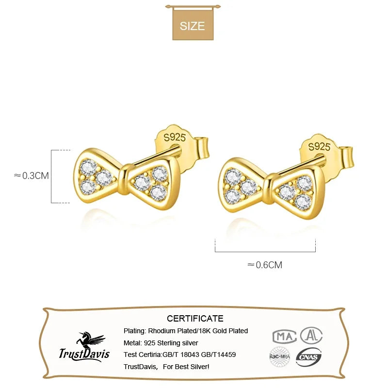 TrustDavis Real 925 Sterling Silver Girls Birthday Gift Earring Jewelry Sweet Bowkont Zircon Stud Earrings for Xmas DS3502