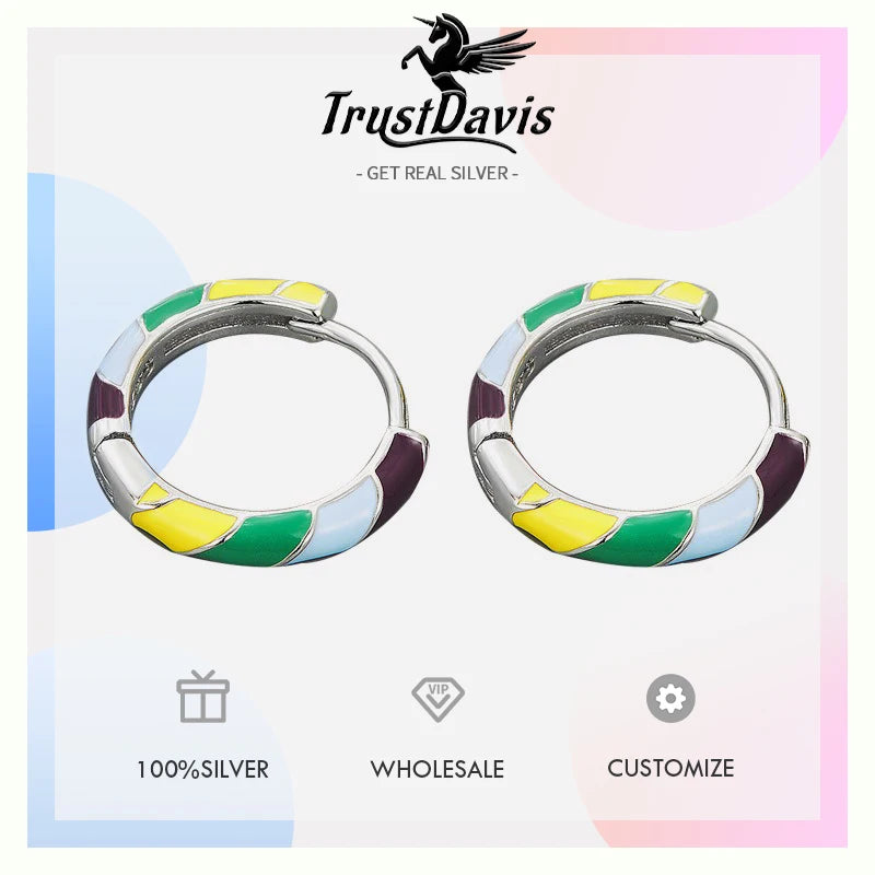 TrustDavis 925 Sterling Silver Women's Fashion Sweet Rainbow Circle Hoop Earrings for Women Girls Jewelry Gift DS4409