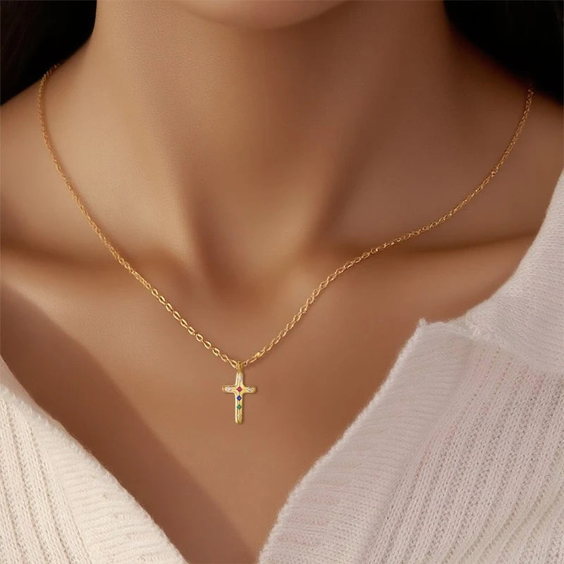TrustDavis Real 925 Sterling Silver Fashion Colorful Zircon Cross Necklace for Women Girl Birthday Gift Fine Jewelry DS4668