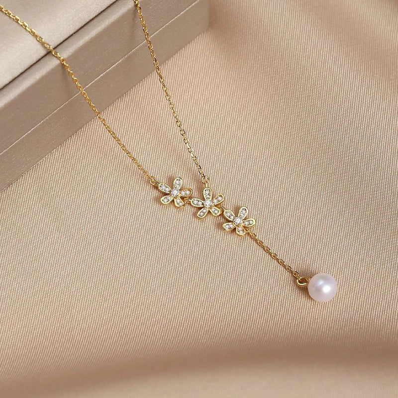 TrustDavis 925 Sterling Silver Women's Necklace Fashion Simple Flower Pearl Necklace for Women Girls Jewelry Gift DS4450