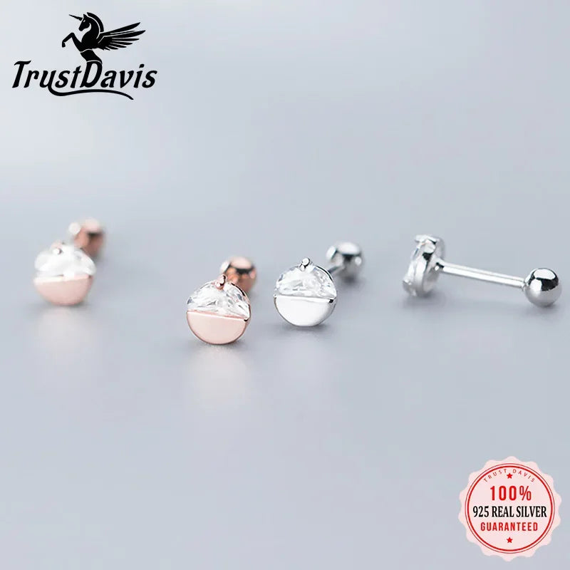 TrustDavis Real 925 Sterling Silver Semicircle CZ Screw Stud Earrings For Women Children Baby Girls Kid Minimalist Jewelry DS931