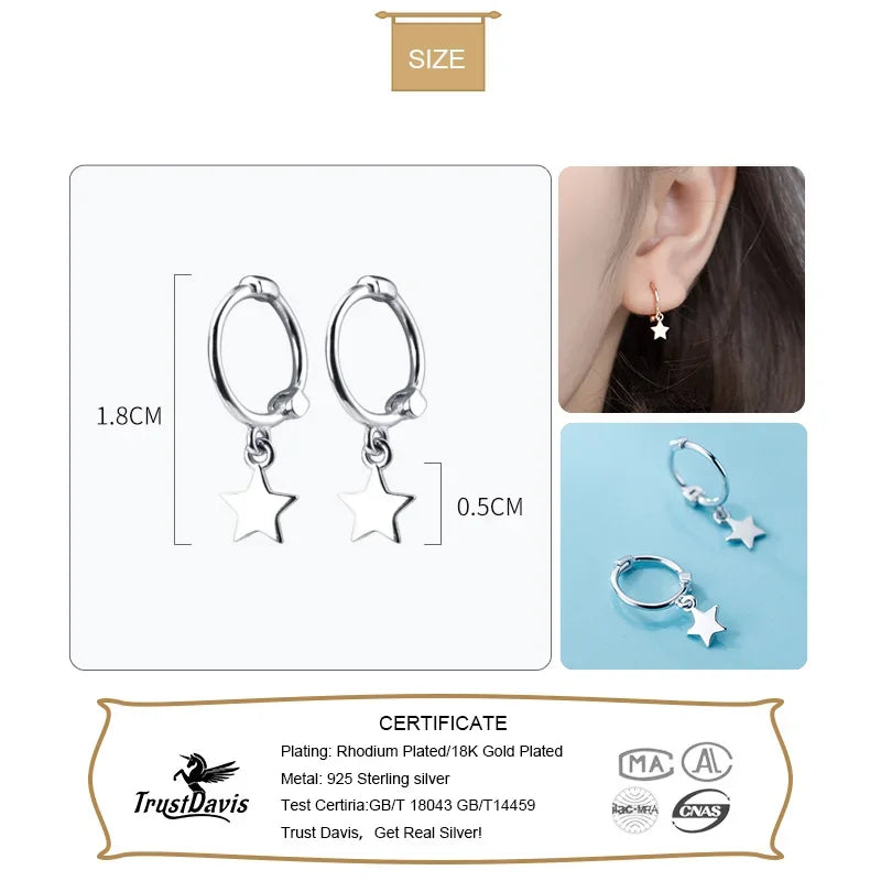 TrustDavis Real 925 Sterling Silver Star Hoop Earrings For Women Men Girl Wedding Party Christmas Gift Fine S925 Jewelry DS900