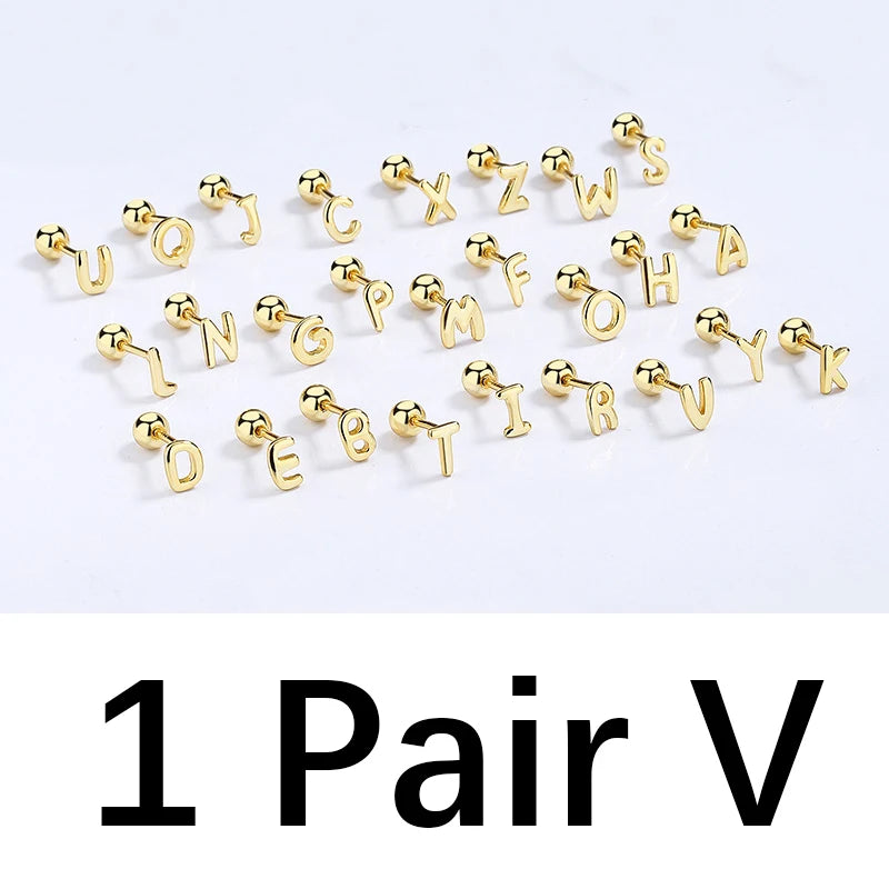 TrustDavis Real 925 Sterling Silver 26 Letter Screw Beads Stud Earring For Women Children Baby Minimalist Fine Jewelry DA2867