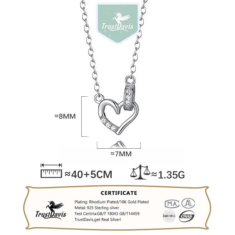 TrustDavis Real 925 Sterling Silver Necklace Romantic Heart CZ Pendant for Women Daughter Birthday Gift Fine Jewelry DA4170