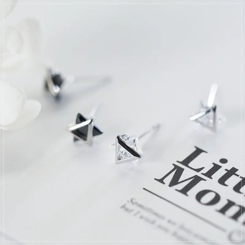 TrustDavis Genuine 925 Sterling Silver White Black Triangle Zircon Stud Earrings For Women Wedding Silver 925 Jewelry DS533