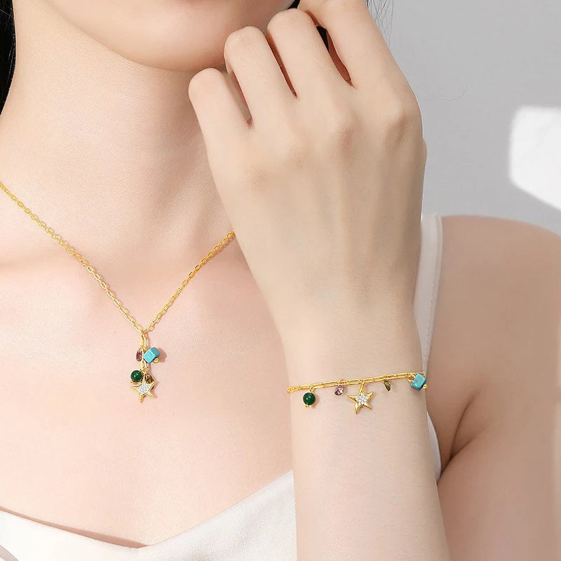 TrustDavis 925 Sterling Silver Women's Fashion Simple Starfish Zircon Turquoise Bracelet for Women Girls Jewelry Gift DS4439