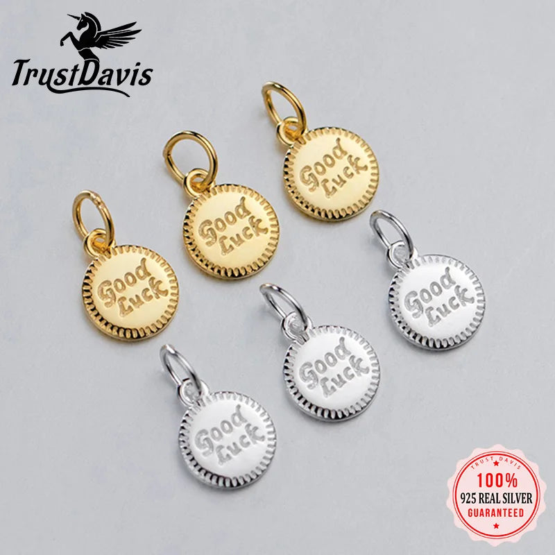 TrustDavis Real 925 Sterling Silver Fashion Lucky Round Card Charm Pendant Handmade DIY Accessories Fine Jewelry Wholesale HY043