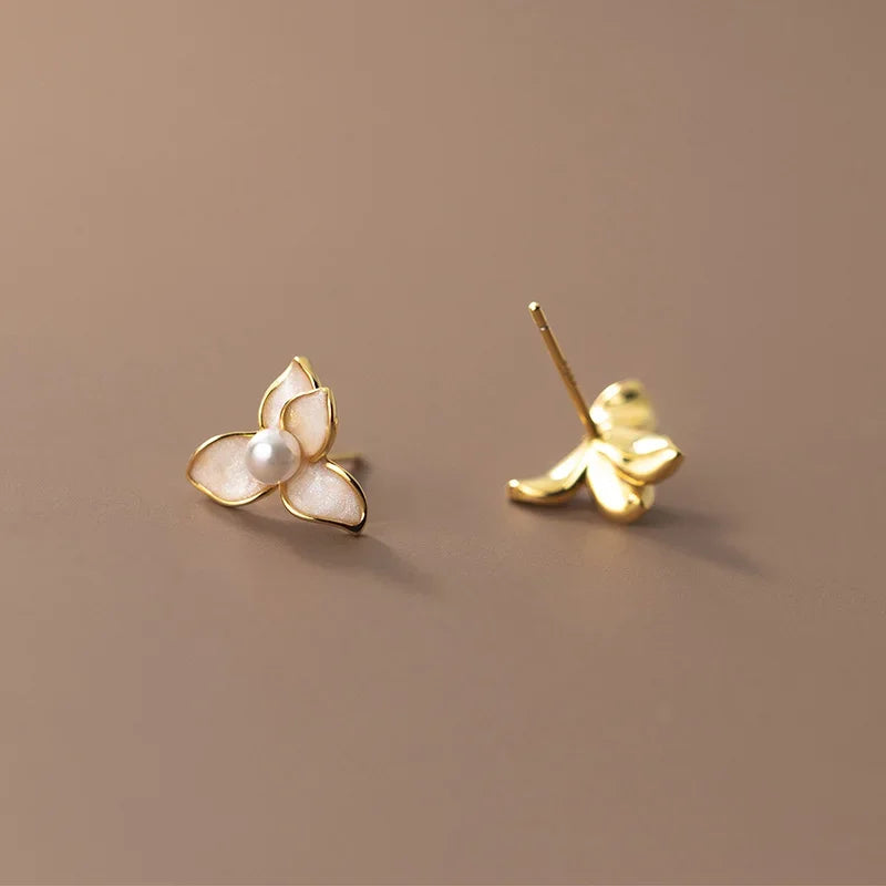 TrustDavis Real 925 Sterling Silver Sweet 18k Gold Flower Synthesis Pearl Stud Earrings For Fashion Women Gift Jewelry DE0316