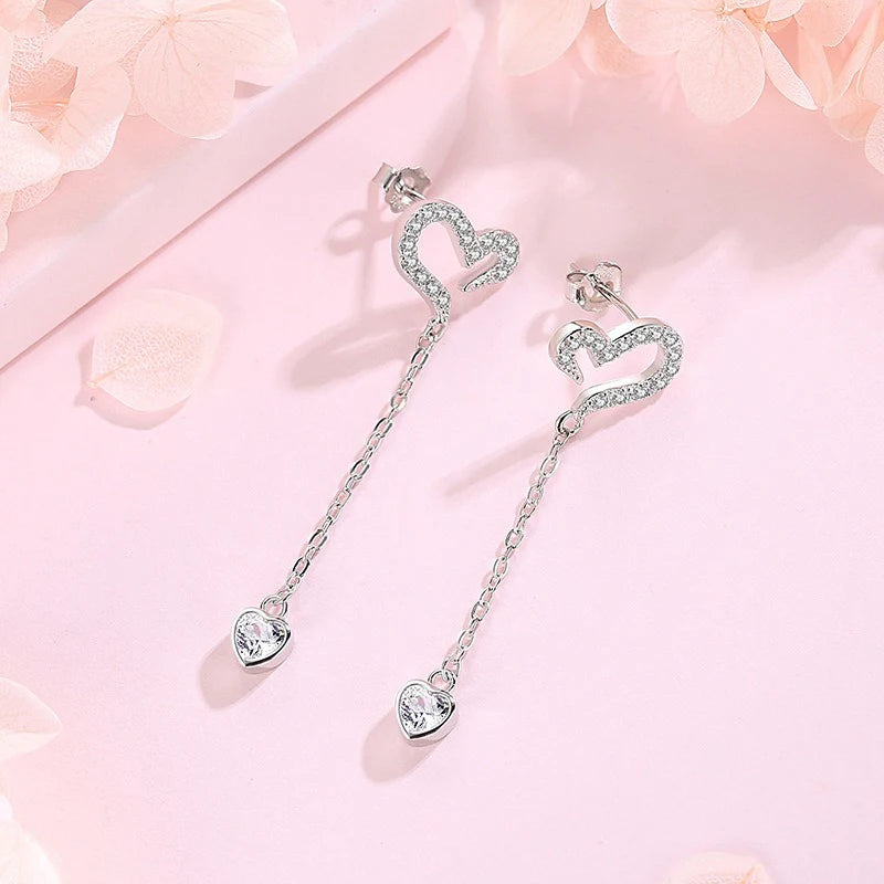 TrustDavis 925 Sterling Silver Women's Fashion Heart-shaped Asymmetric Zircon Drop Earrings for Women Girls Jewelry Gift DS4346