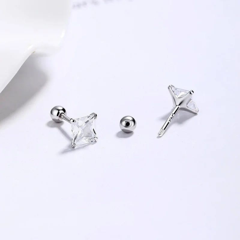 Silver 4 Prong Princess Cut CZ Screw Earrings DS5008