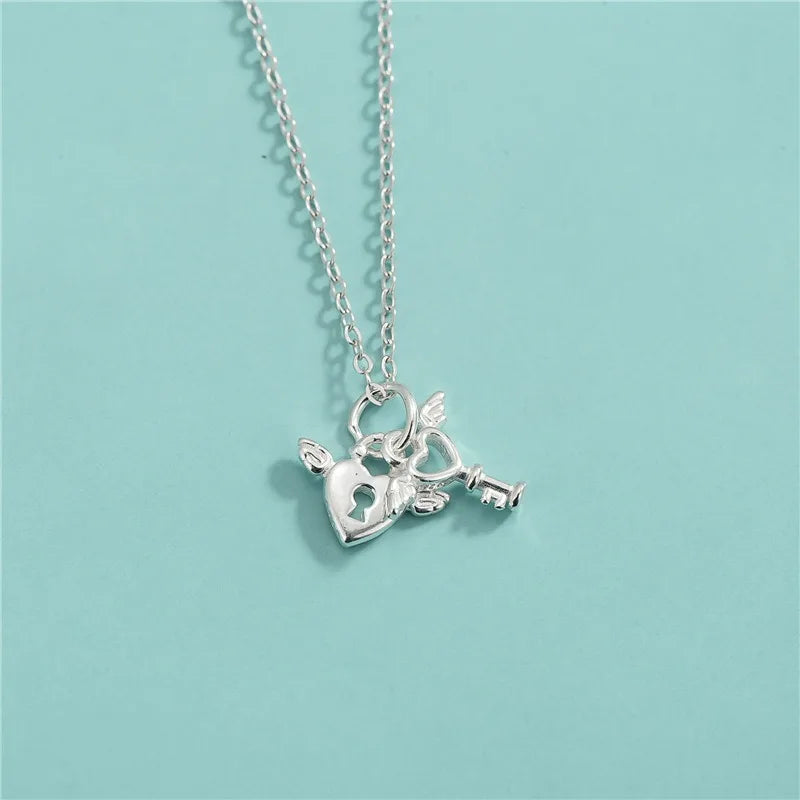 TrustDavis Real 925 Sterling Silver Classic Angel Wings Heart Lock Charm Pendant Handmade DIY Accessories Wholesale DZ1684