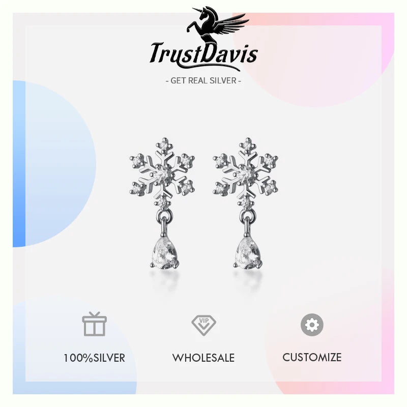 TrustDavis Real 925 Sterling Silver Fashion Fine Christmas Snow Stud Earrings for Women Jewelry DS4400
