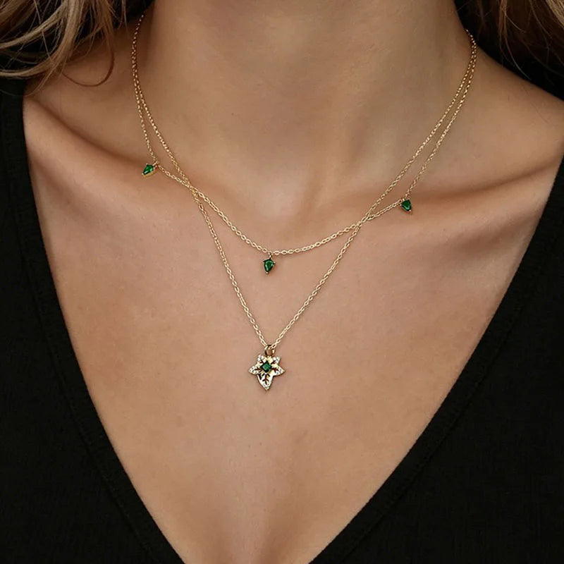 Leaf-shaped Emerald Zircon Stacked Necklace DS4897