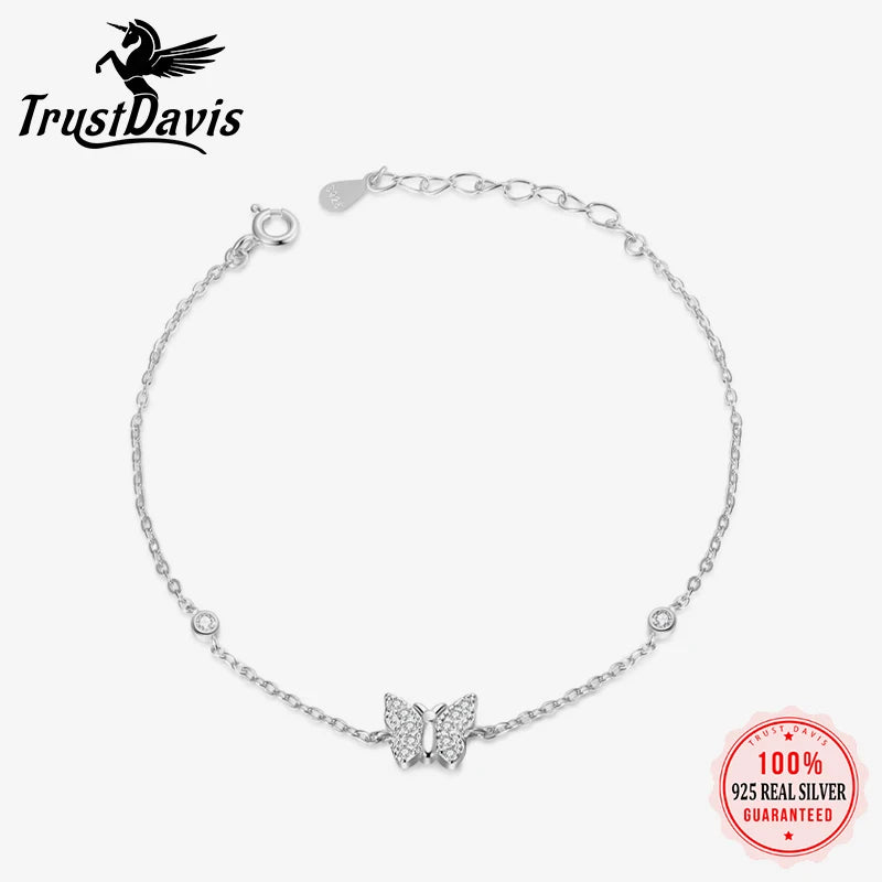 Trustdavis Real 925 Sterling Silver Sweet and Fresh Butterfly Zircon Bracelet Women Girls Birthday Party Gift Jewelry DS4145